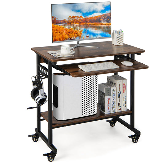 Topbuy Home Office Computer Desk Cart Mobile Laptop Desk with Pull-out Keyboard Tray 3 Hooks & Bottom Storage Shelf