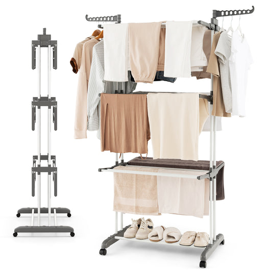 Topbuy Foldable Clothes Drying Rack Oversized 4-Tier Collapsible Laundry Rack w/ 3 Retractable Trays Hanger Holders