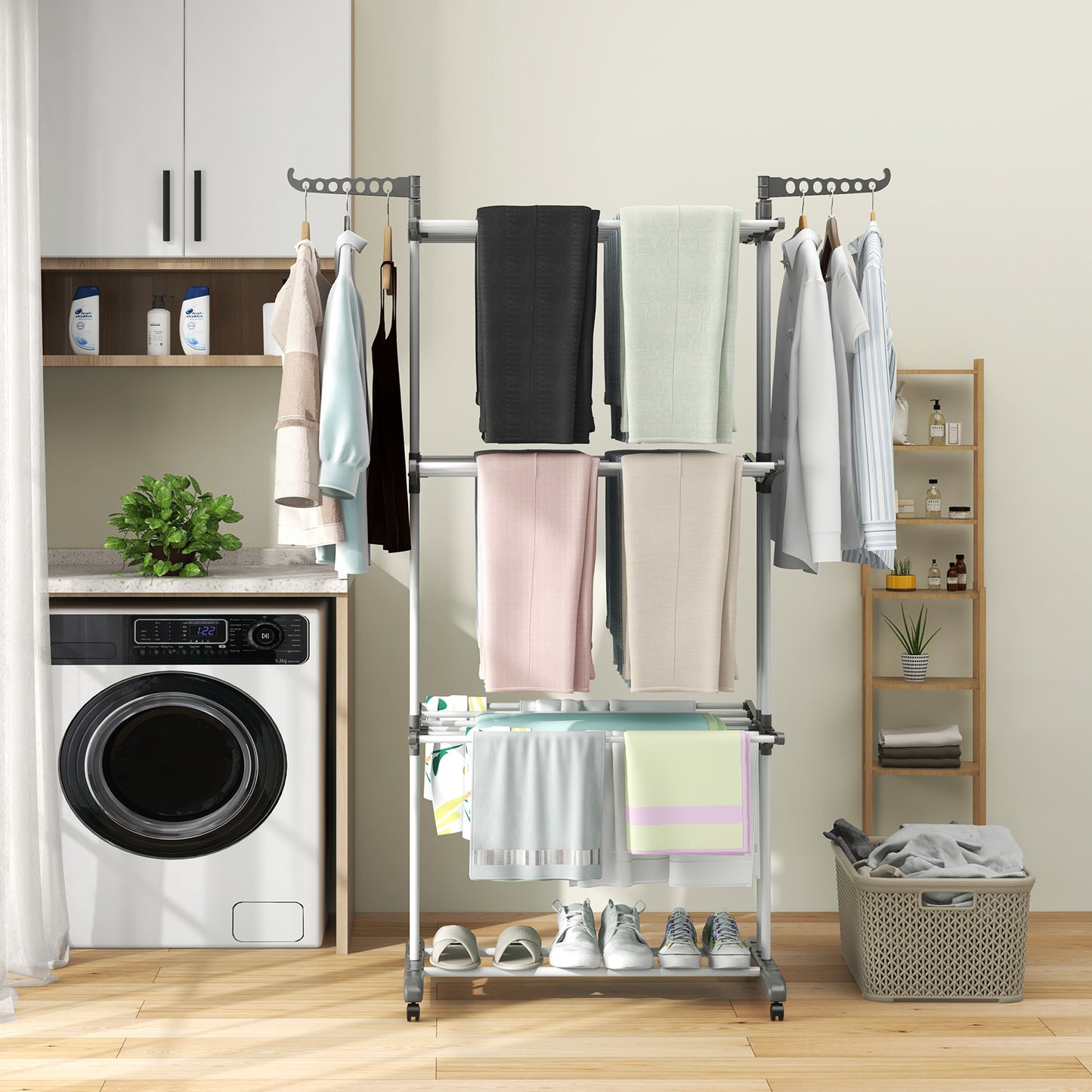 Topbuy Foldable Clothes Drying Rack Oversized 4-Tier Collapsible Laundry Rack w/ 3 Retractable Trays Hanger Holders