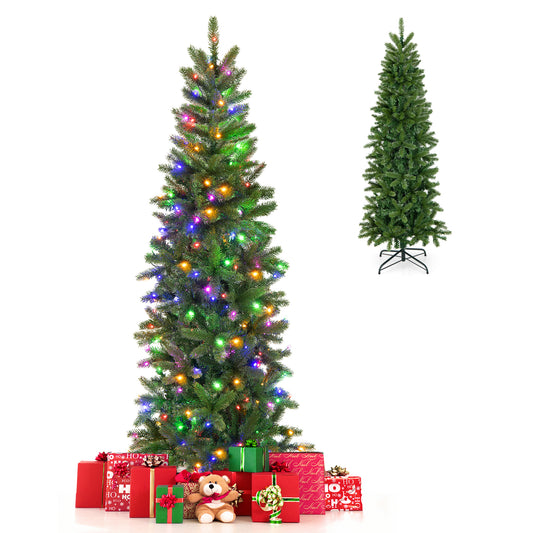 Topbuy 5 ft Artificial Pre-lit Christmas Tree Pencil Christmas Tree w/ 180 Warm White & Multi-color LED Lights 10 Light Modes