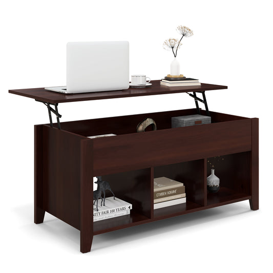 Topbuy Lift Up Coffee Table, Rising Center Table with Lift Top Hidden Compartment & 3 Cubes Modern Dining Accent Table Furniture Brown