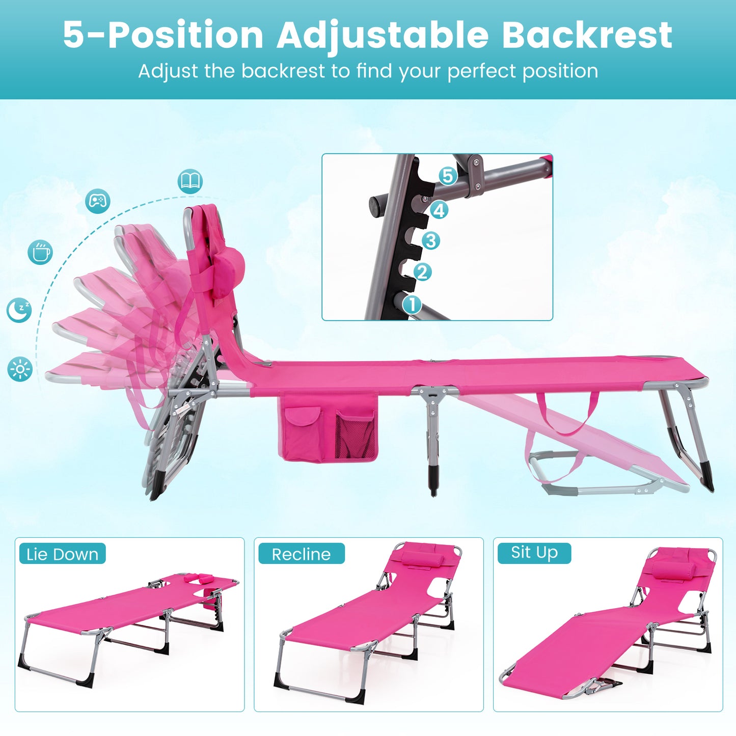 Patiojoy 2PCS Beach Lounge Chair Reclining Chair with 5 Adjustable Positions Detachable Pillow &Hand Ropes Beige/Pink