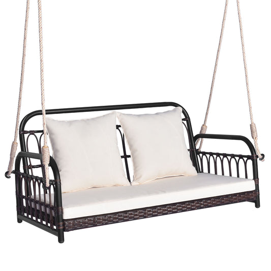 Topbuy 880 LBS Wicker Hanging Porch Swing with Cushions 2-Person Outdoor Hanging Chair with Ropes Hanging Patio Swing Bench