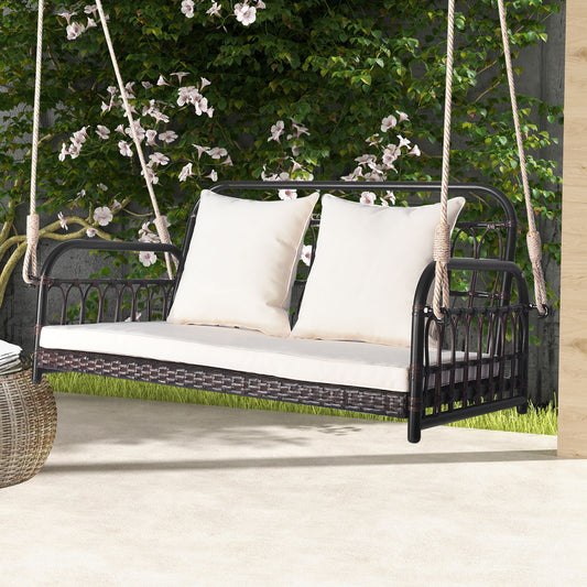 Topbuy 880 LBS Wicker Hanging Porch Swing with Cushions 2-Person Outdoor Hanging Chair with Ropes Hanging Patio Swing Bench