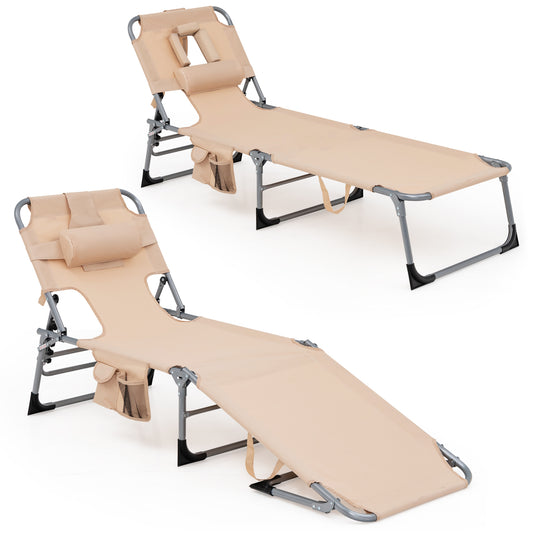 Patiojoy 2PCS Beach Lounge Chair Reclining Chair with 5 Adjustable Positions Detachable Pillow &Hand Ropes Beige/Pink