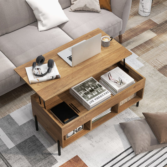 Topbuy Lift Top Coffee Table with Metal Legs Rising Center Table with Hidden Compartment & 3 Open Cubbies Multifunctional Dining Working Table