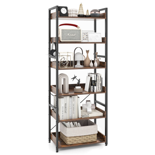 Topbuy 6-Tier Bookshelf with 4 Hooks Industrial Storage Bookcase Tall Freestanding Display Shelf with Anti-tipping Device