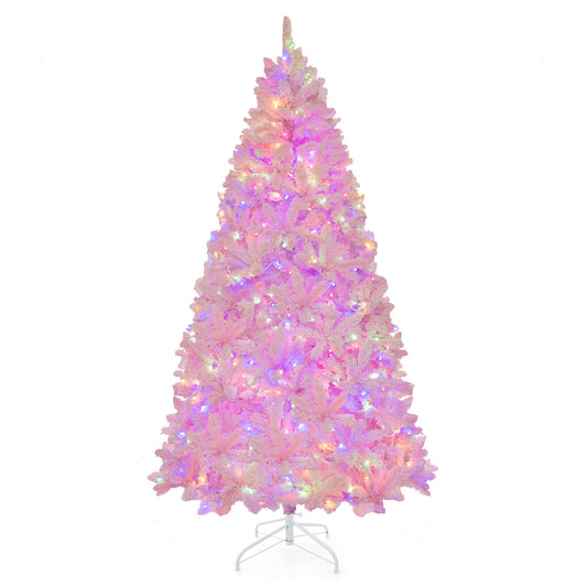 Topbuy 6/7FT Pink Artificial Christmas Tree Pre-lit Hinged Snow Flocked Xmas Tree with 808/1200 Branch Tips 8 Lighting Modes
