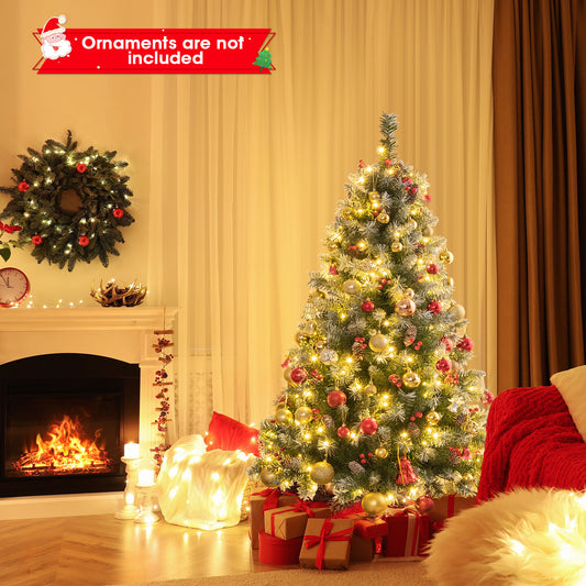 Topbuy 5ft/6.5ft/7.5ft/9ft Pre-lit Artificial Christmas Tree Pre-decorated Hinged Xmas Tree 8 Light Modes