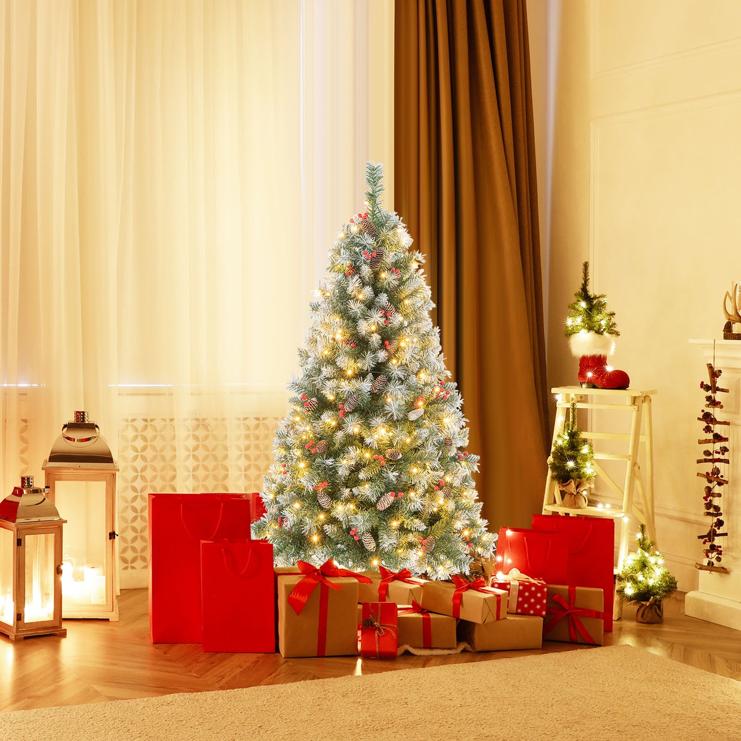 Topbuy 5ft/6.5ft/7.5ft/9ft Pre-lit Artificial Christmas Tree Pre-decorated Hinged Xmas Tree 8 Light Modes