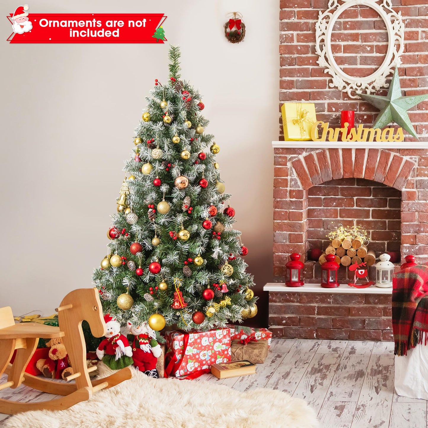 Topbuy 5ft/6.5ft/7.5ft/9ft Pre-lit Artificial Christmas Tree Pre-decorated Hinged Xmas Tree 8 Light Modes