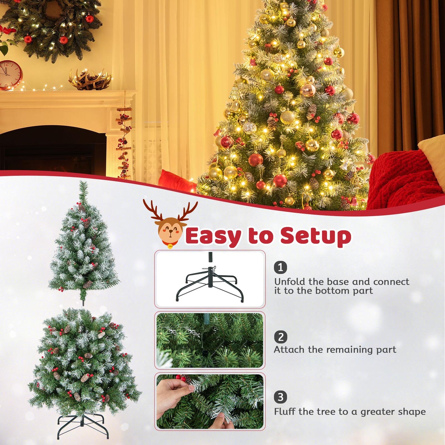 Topbuy 5ft/6.5ft/7.5ft/9ft Pre-lit Artificial Christmas Tree Pre-decorated Hinged Xmas Tree 8 Light Modes
