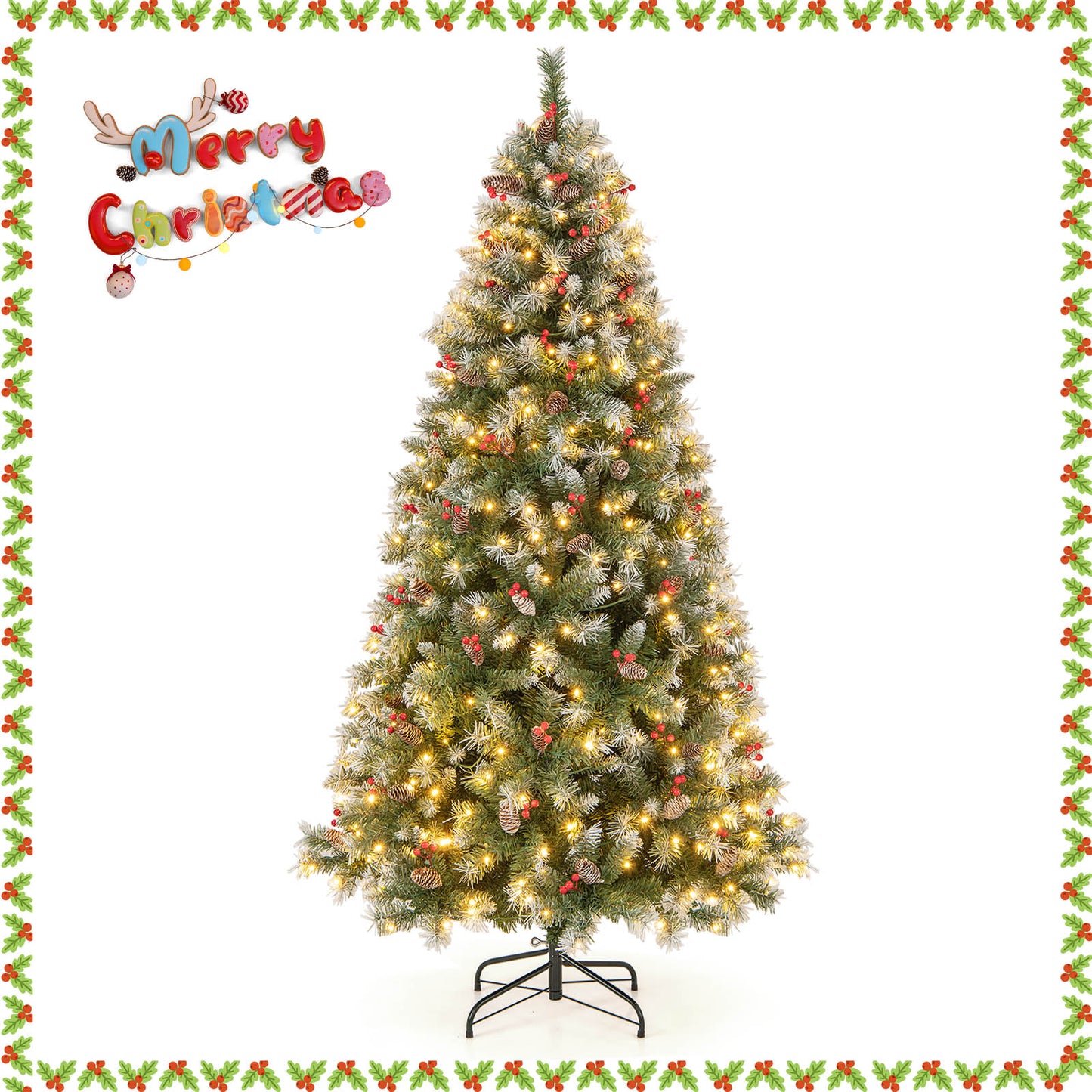 Topbuy 5ft/6.5ft/7.5ft/9ft Pre-lit Artificial Christmas Tree Pre-decorated Hinged Xmas Tree 8 Light Modes