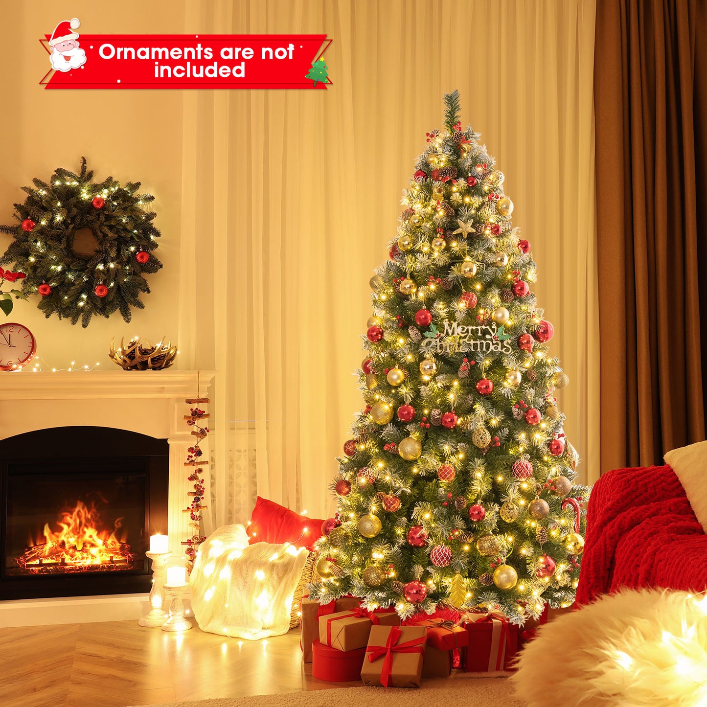 Topbuy 5ft/6.5ft/7.5ft/9ft Pre-lit Artificial Christmas Tree Pre-decorated Hinged Xmas Tree 8 Light Modes