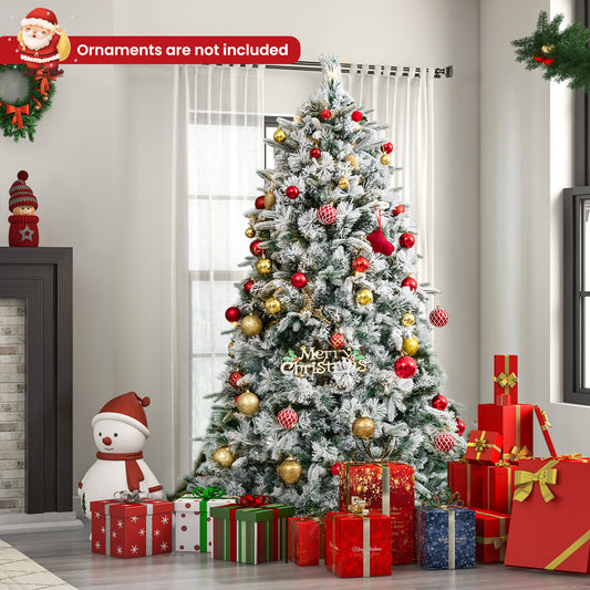 Topbuy 6/7 FT Pre-lit Artificial Christmas Tree Snow-flocked Xmas Tree with 250/300 Warm White LED Lights
