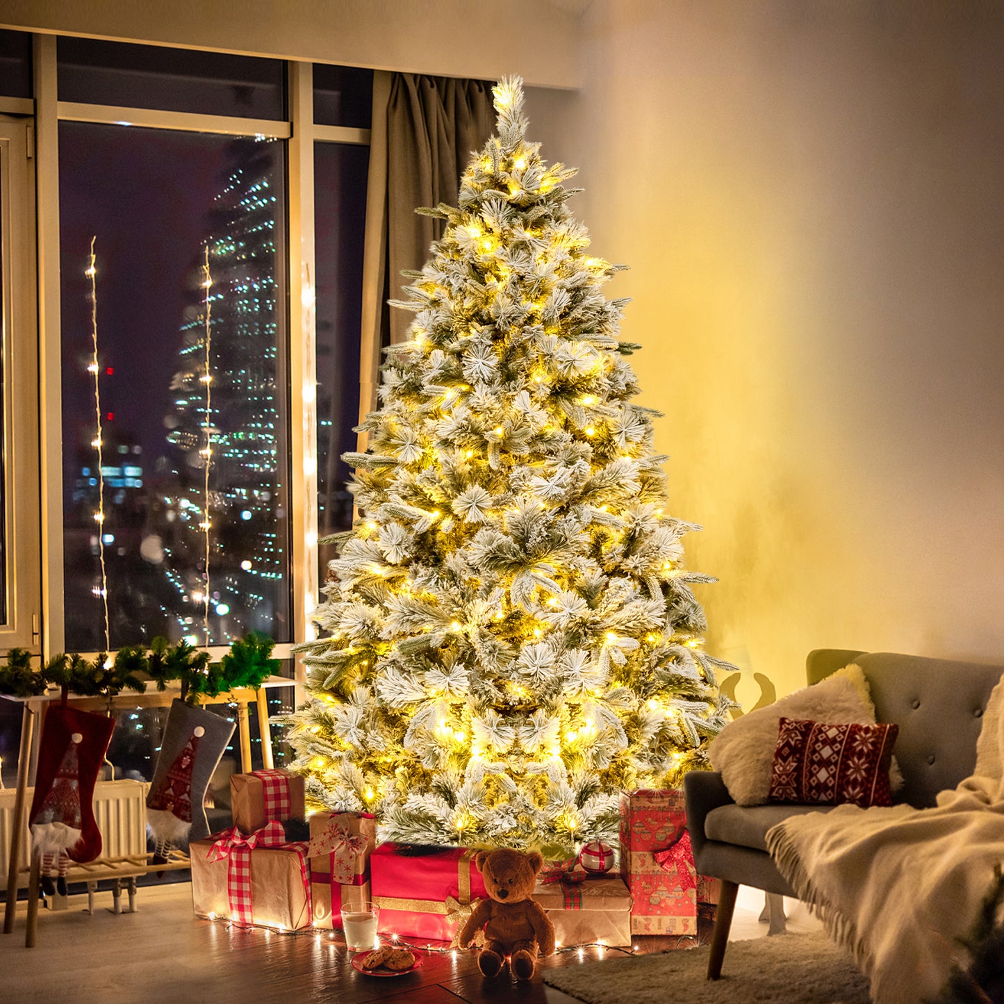 Topbuy 6/7 FT Pre-lit Artificial Christmas Tree Snow-flocked Xmas Tree with 250/300 Warm White LED Lights