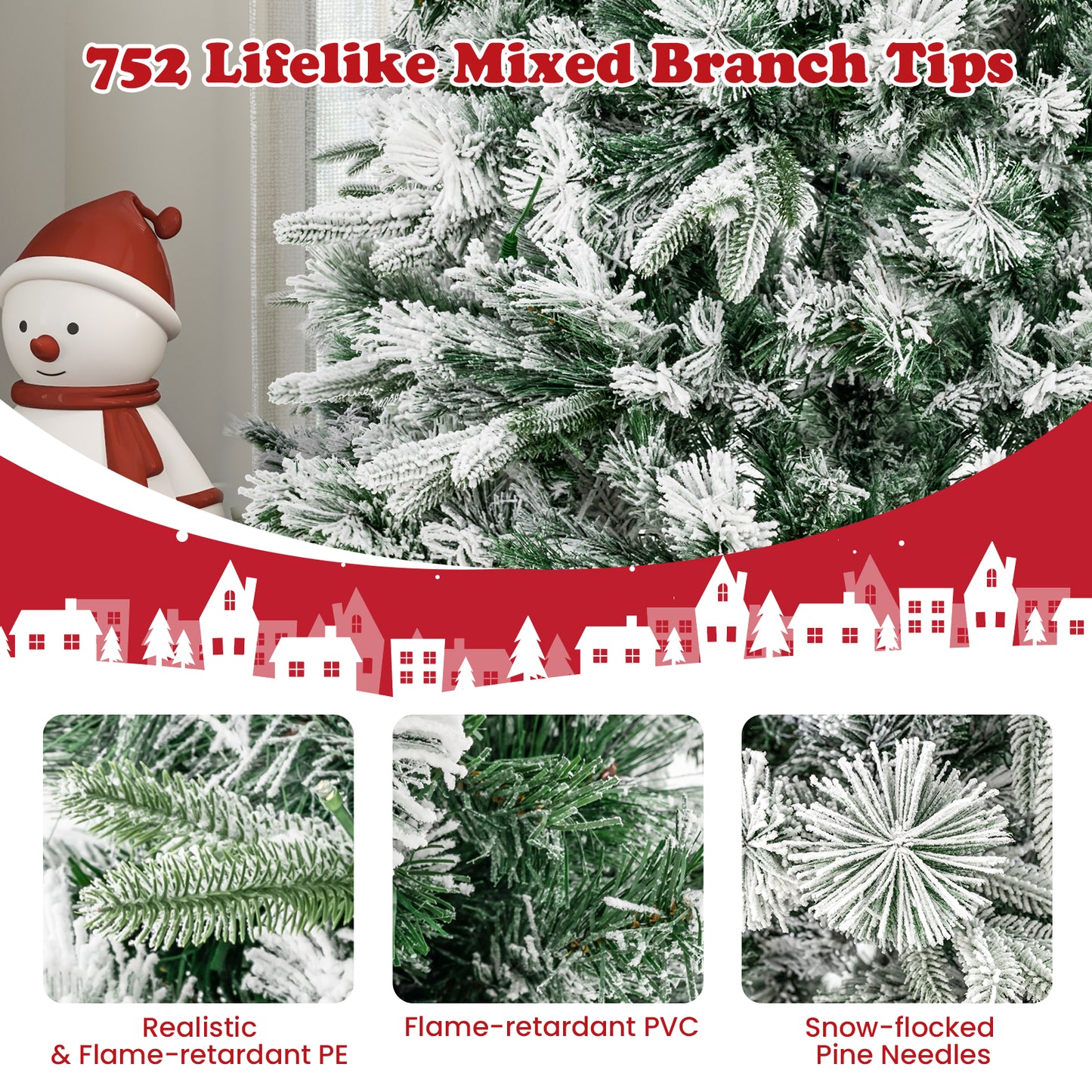 Topbuy 6/7 FT Pre-lit Artificial Christmas Tree Snow-flocked Xmas Tree with 250/300 Warm White LED Lights
