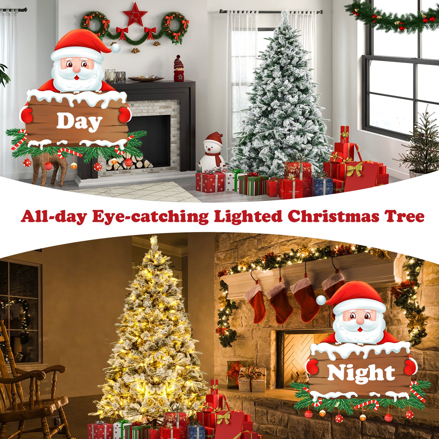 Topbuy 6/7 FT Pre-lit Artificial Christmas Tree Snow-flocked Xmas Tree with 250/300 Warm White LED Lights