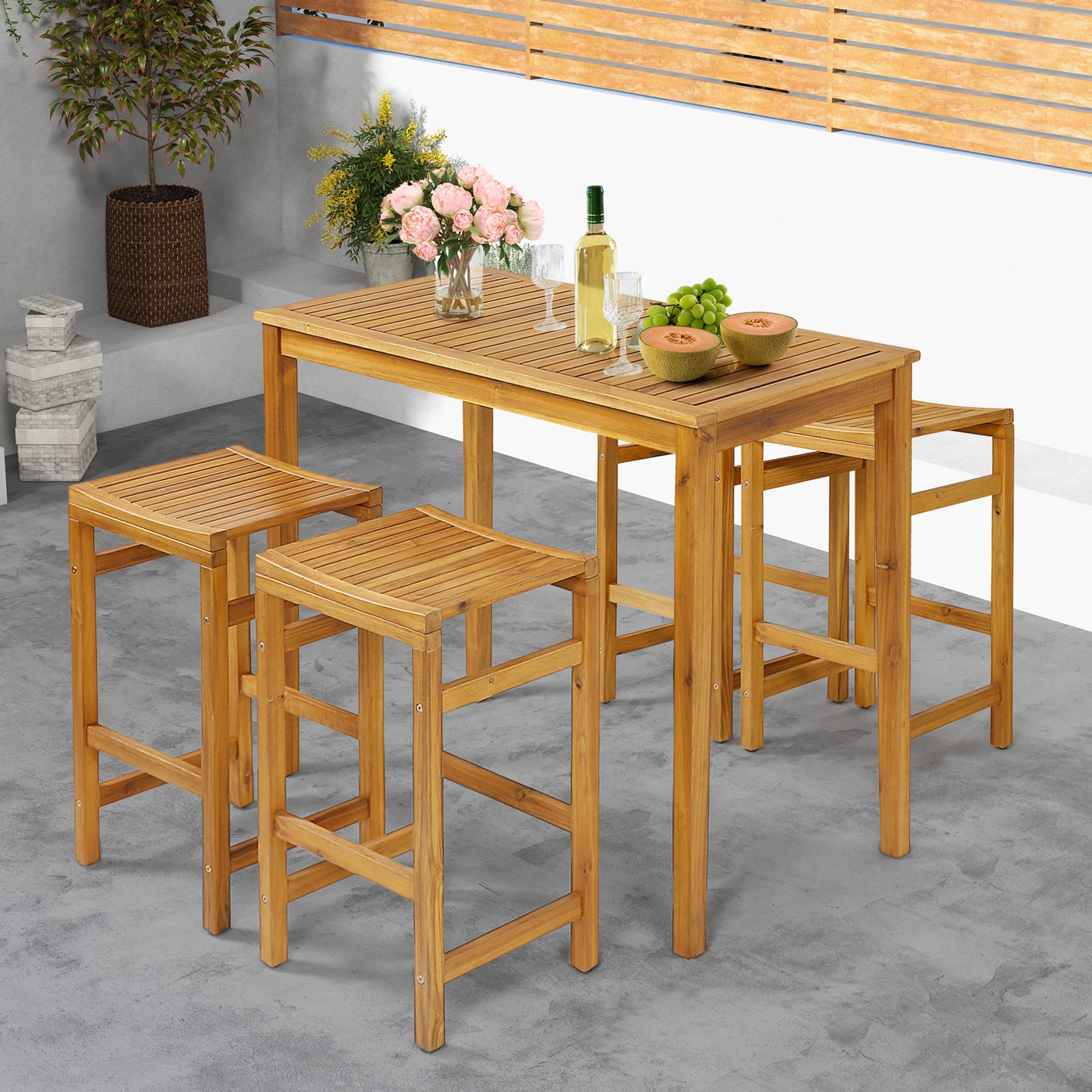 Topbuy 2/4-Pack Outdoor Bar Stools Patio Bar Stools w/ Ergonomic Seat & Comfortable Footrest Acacia Wood Bar Stools Set