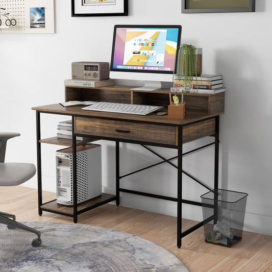 Topbuy Computer Desk with Monitor Shelf 48'' Home Office Writing Desk with Drawer Storage Shelves CPU Stand