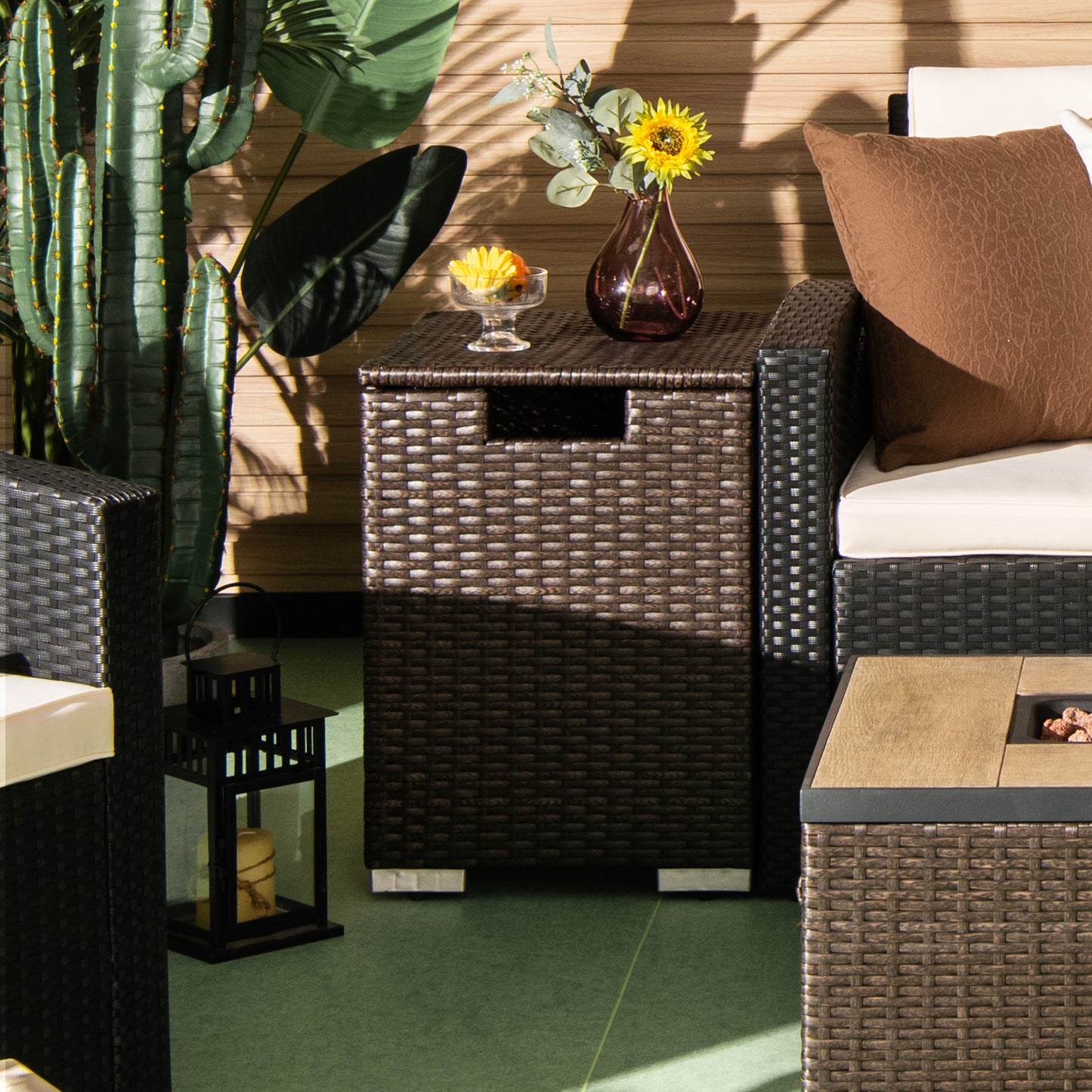 Topbuy Propane Tank Cover Table Wicker Hideaway Table for Gas Fire Pits 20 lbs Propane Tank Storage Box