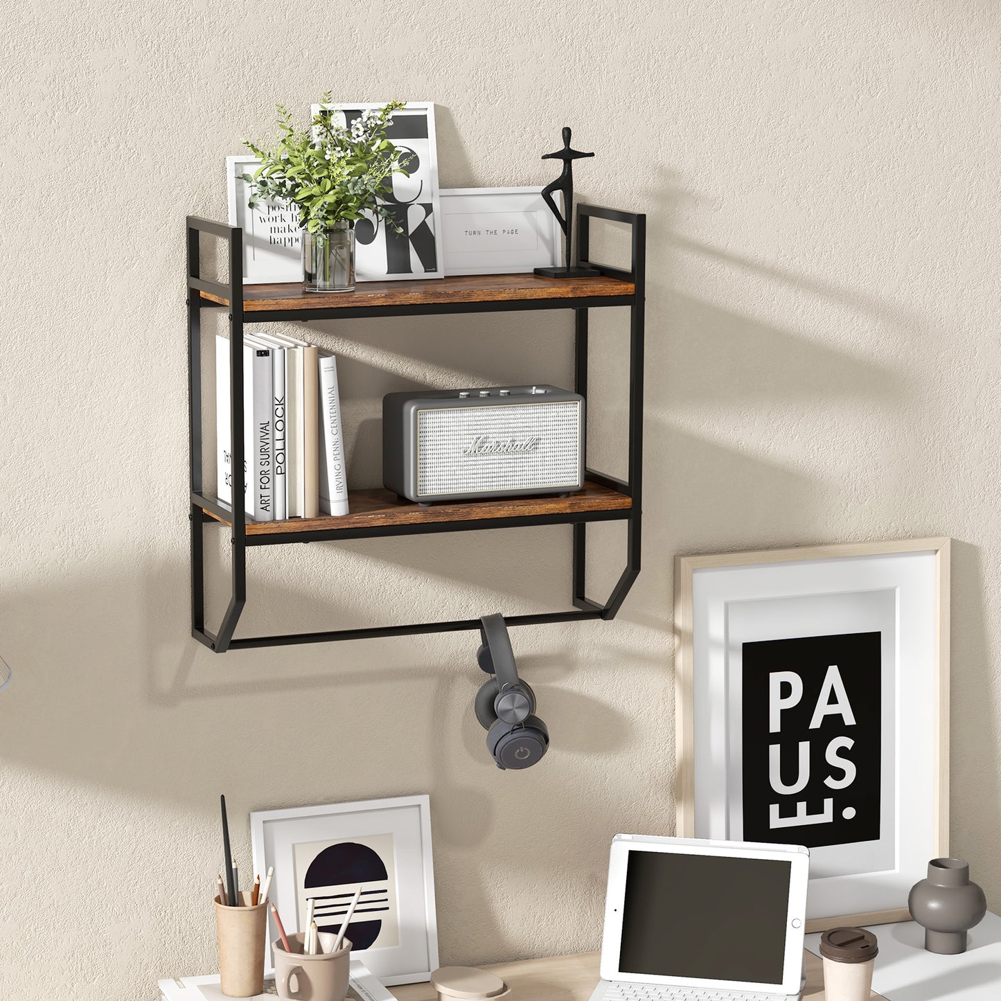Topbuy 2-Tier Floating Shelving Wall-Mounted Shelf with Hanging Rod Expansion Screws & Metal Frame