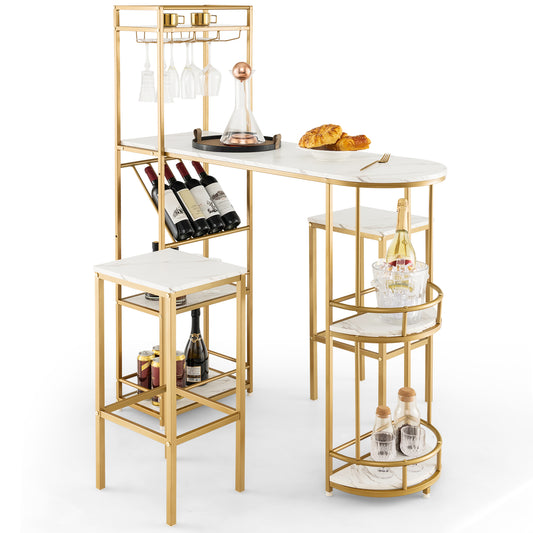 Topbuy 3-Piece Dining Table Set Pub Table & Stools Set with Storage Shelves & Glasses Holder & Wine Rack Kitchen Dining Table Set