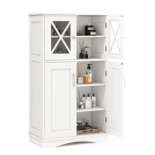 Topbuy Bathroom Floor Cabinet Storage Cabinet w/ 2 Glass Doors 3-Level Adjustable Shelves Anti-toppling Design