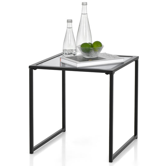 Topbuy 17'' Tempered Glass Top Side Table Indoor Outdoor Small End Table w/ Metal Frame Space-saving Square Coffee Table
