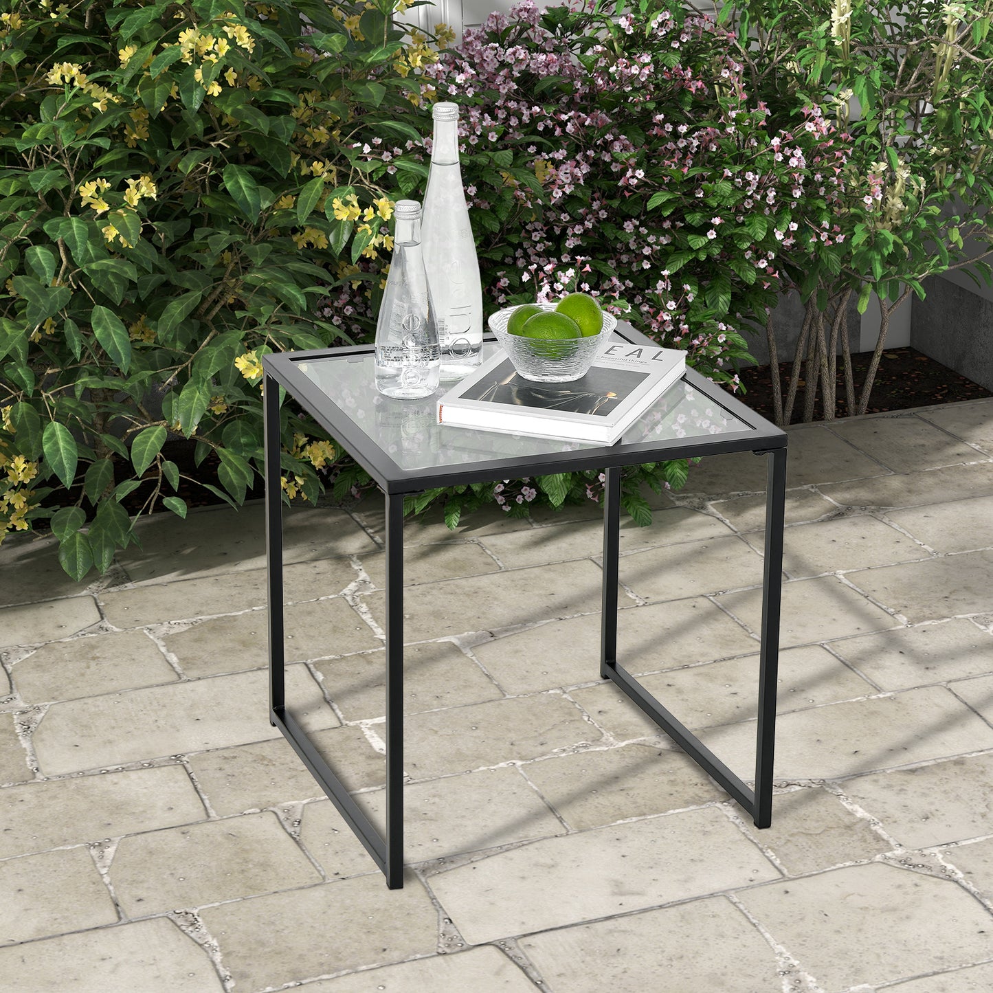 Topbuy 17'' Tempered Glass Top Side Table Indoor Outdoor Small End Table w/ Metal Frame Space-saving Square Coffee Table