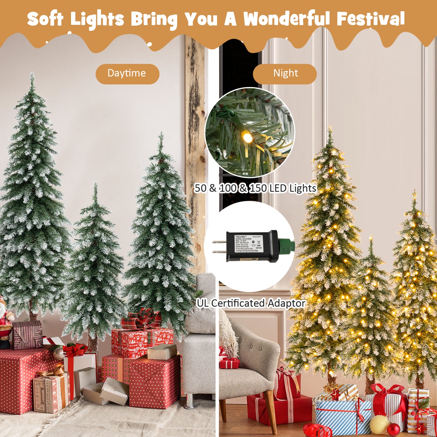 Topbuy 3/4/5FT Set of 3 Artificial Christmas Tree Pre-lit Pencil Christmas Tree with 129/231/369 Snowy Branch Tips