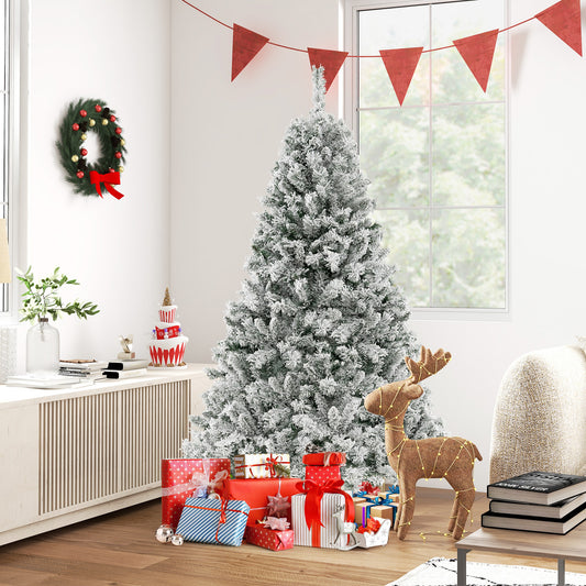 Topbuy 6/7/8 FT Pre-lit Artificial Christmas Tree Hinged Snow-flocked Xmas Tree with 300/450/600 Warm White LED Lights