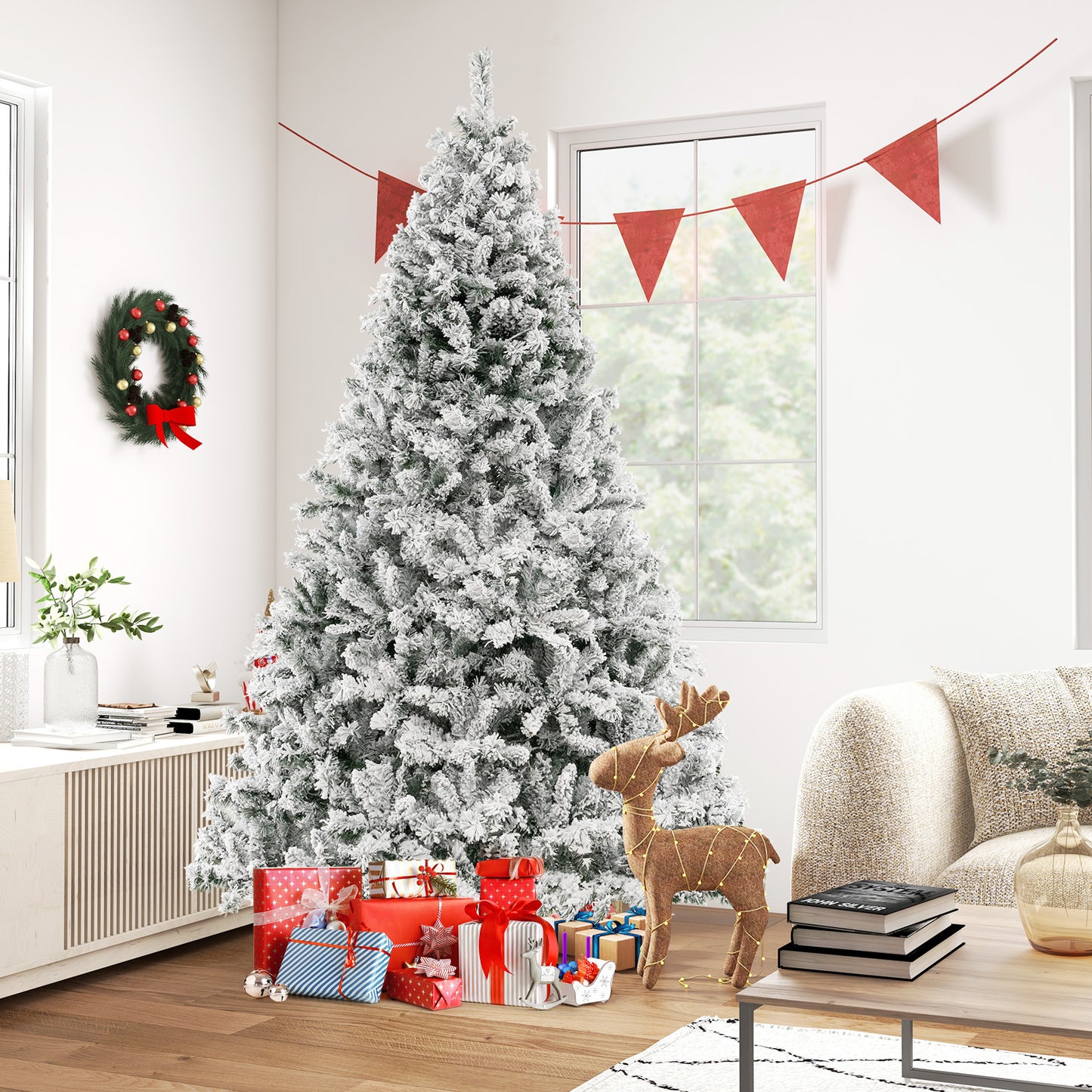 Topbuy 6/7/8 FT Pre-lit Artificial Christmas Tree Hinged Snow-flocked Xmas Tree with 300/450/600 Warm White LED Lights