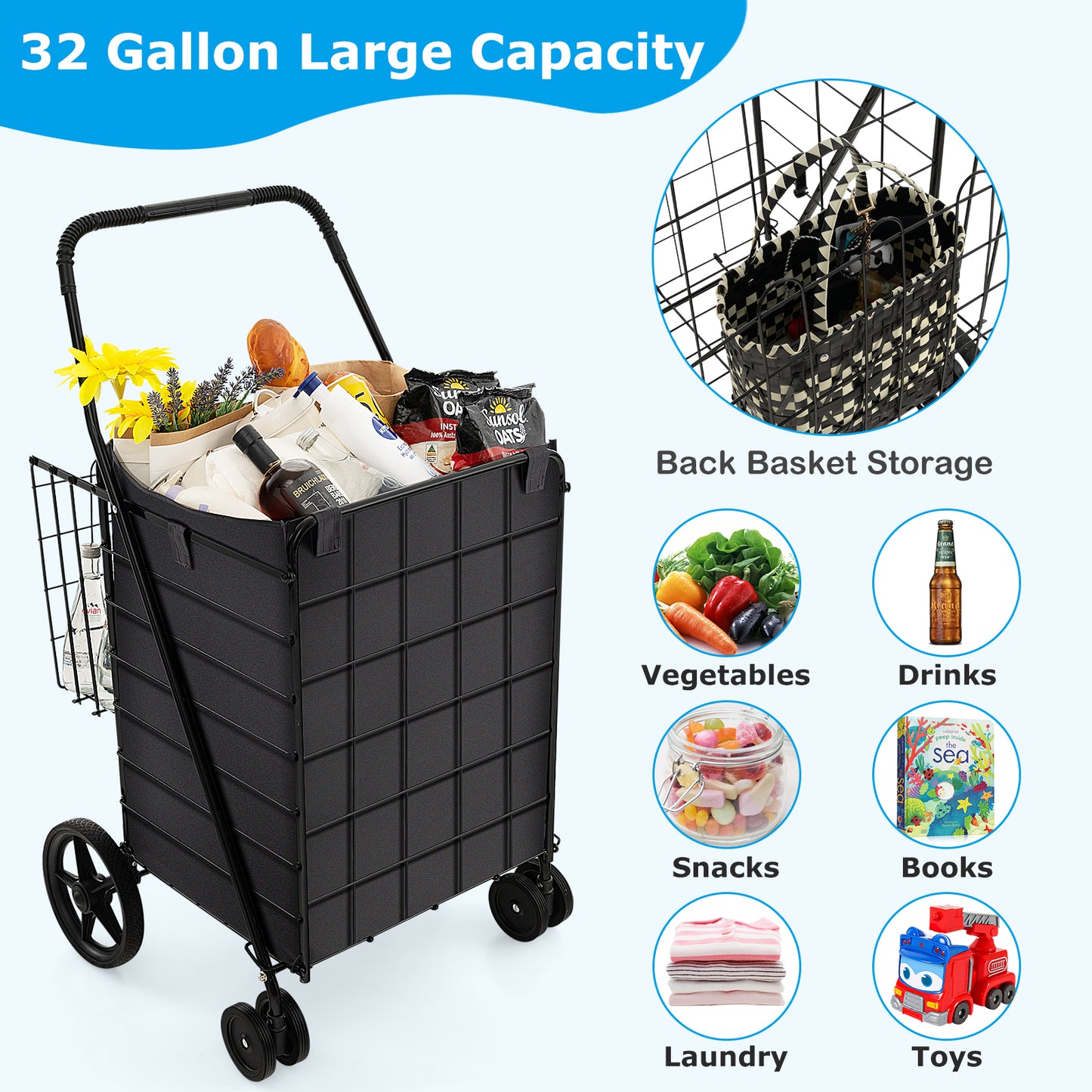 Topbuy Shopping Cart w/ Oxford Liner Folding Grocery Cart w/ Universal Front Wheels 32 Gal Large Capacity