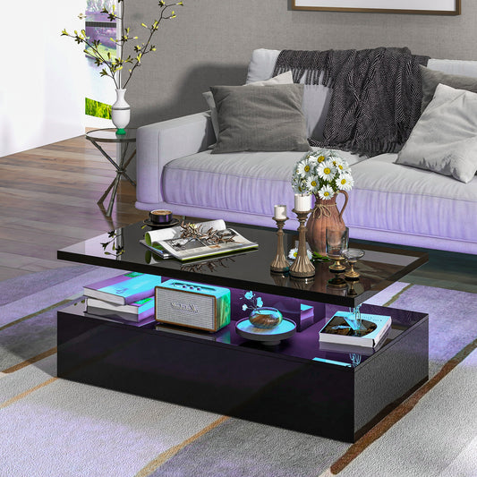 Topbuy LED Coffee Table Modern High Gloss Coffee Table w/ 20-Color LED Lights Adjustable Speed Brightness & Remote Control White/Black