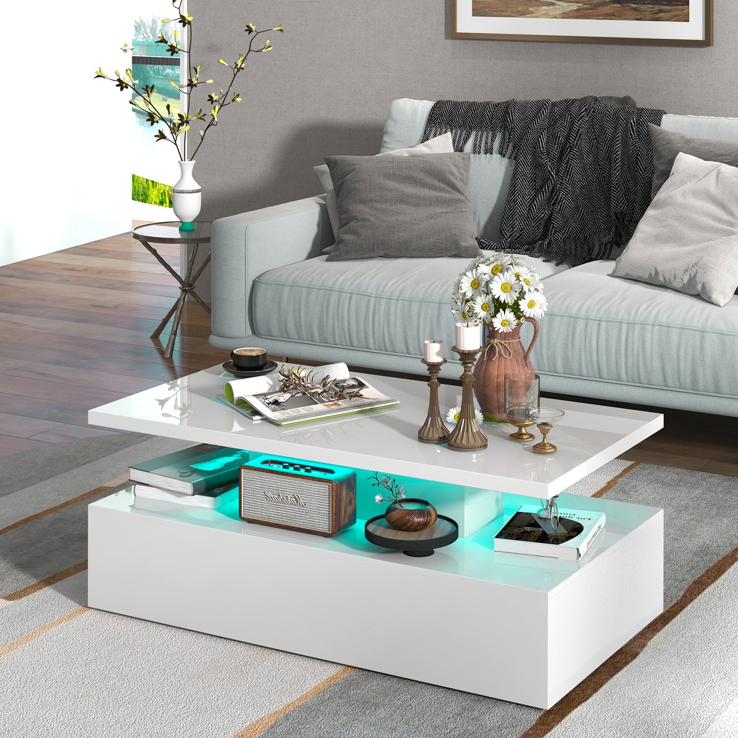 Topbuy LED Coffee Table Modern High Gloss Coffee Table w/ 20-Color LED Lights Adjustable Speed Brightness & Remote Control White/Black