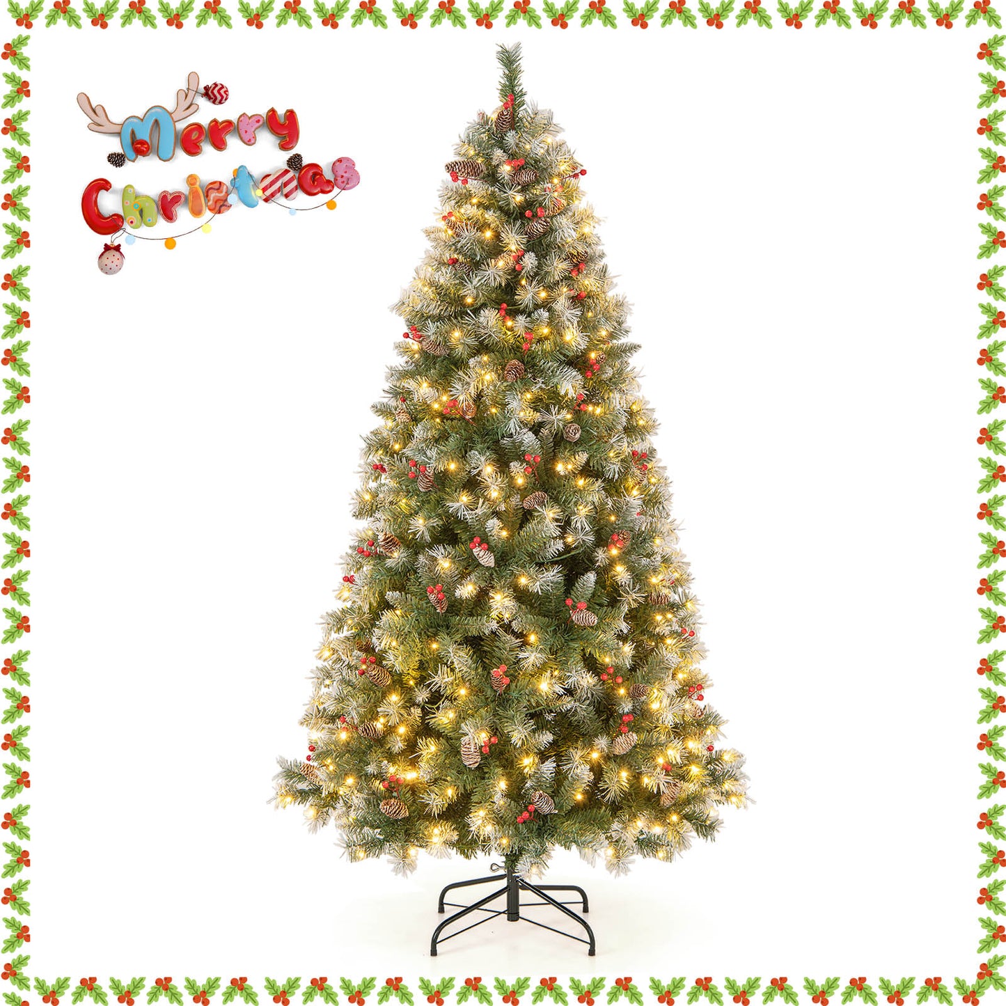 Topbuy 5ft/6.5ft/7.5ft/9ft Pre-lit Artificial Christmas Tree Pre-decorated Hinged Xmas Tree 8 Light Modes