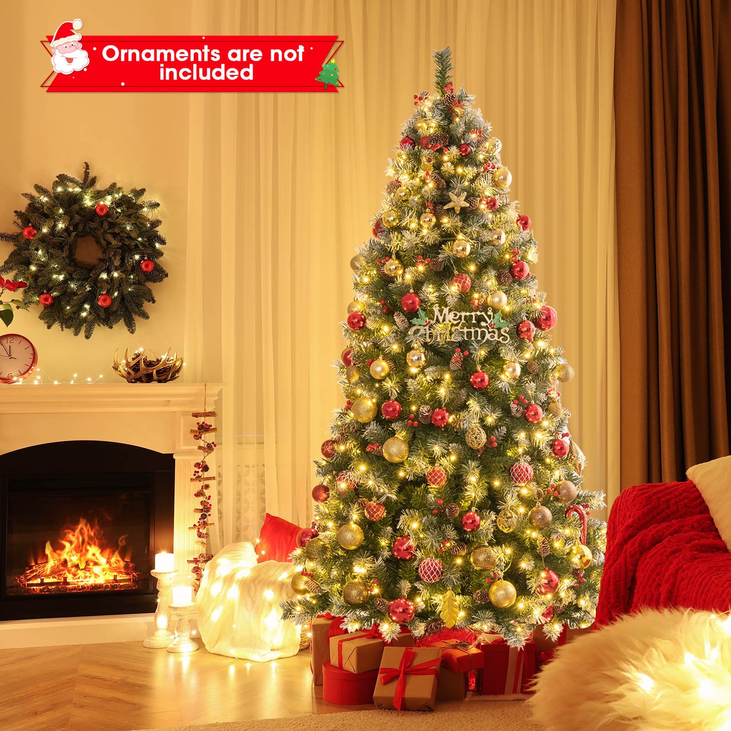 Topbuy 5ft/6.5ft/7.5ft/9ft Pre-lit Artificial Christmas Tree Pre-decorated Hinged Xmas Tree 8 Light Modes