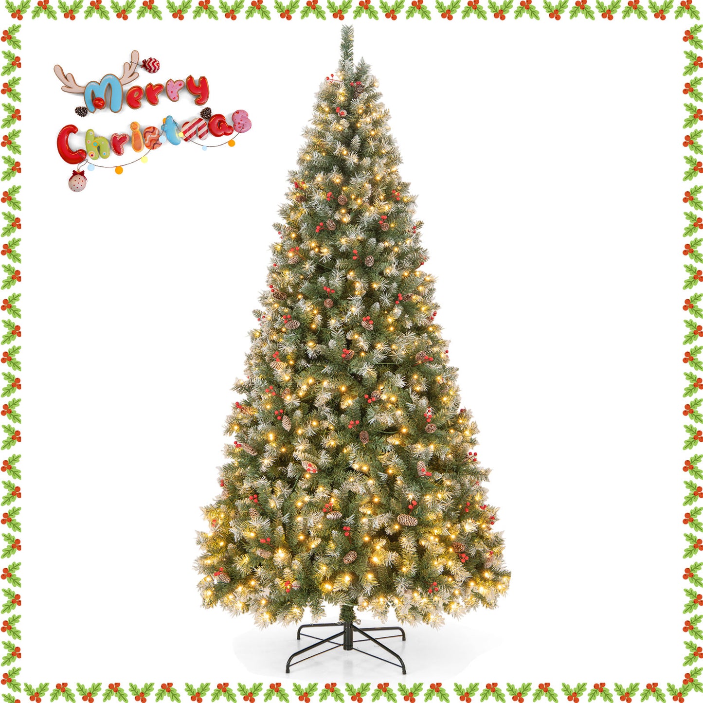 Topbuy 5ft/6.5ft/7.5ft/9ft Pre-lit Artificial Christmas Tree Pre-decorated Hinged Xmas Tree 8 Light Modes