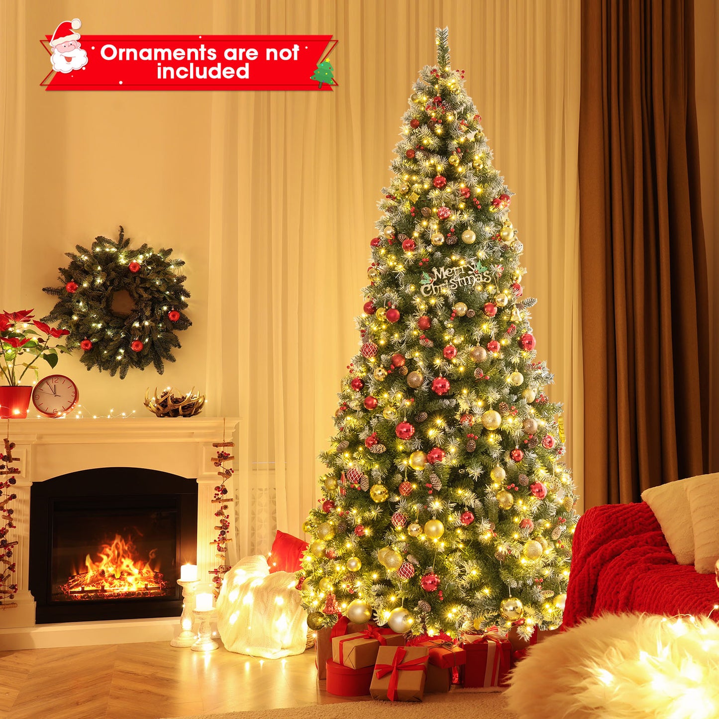 Topbuy 5ft/6.5ft/7.5ft/9ft Pre-lit Artificial Christmas Tree Pre-decorated Hinged Xmas Tree 8 Light Modes