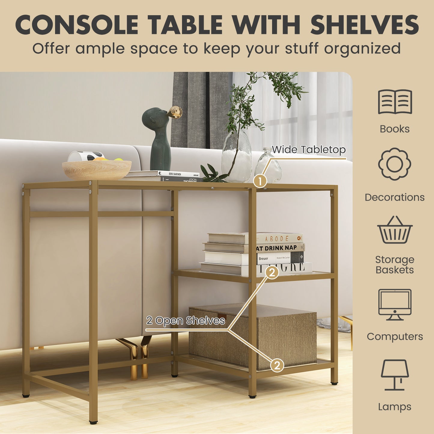 Topbuy 42'' Modern Console Table Tempered Glass Entryway Table with 2 Open Shelves & Metal Frame