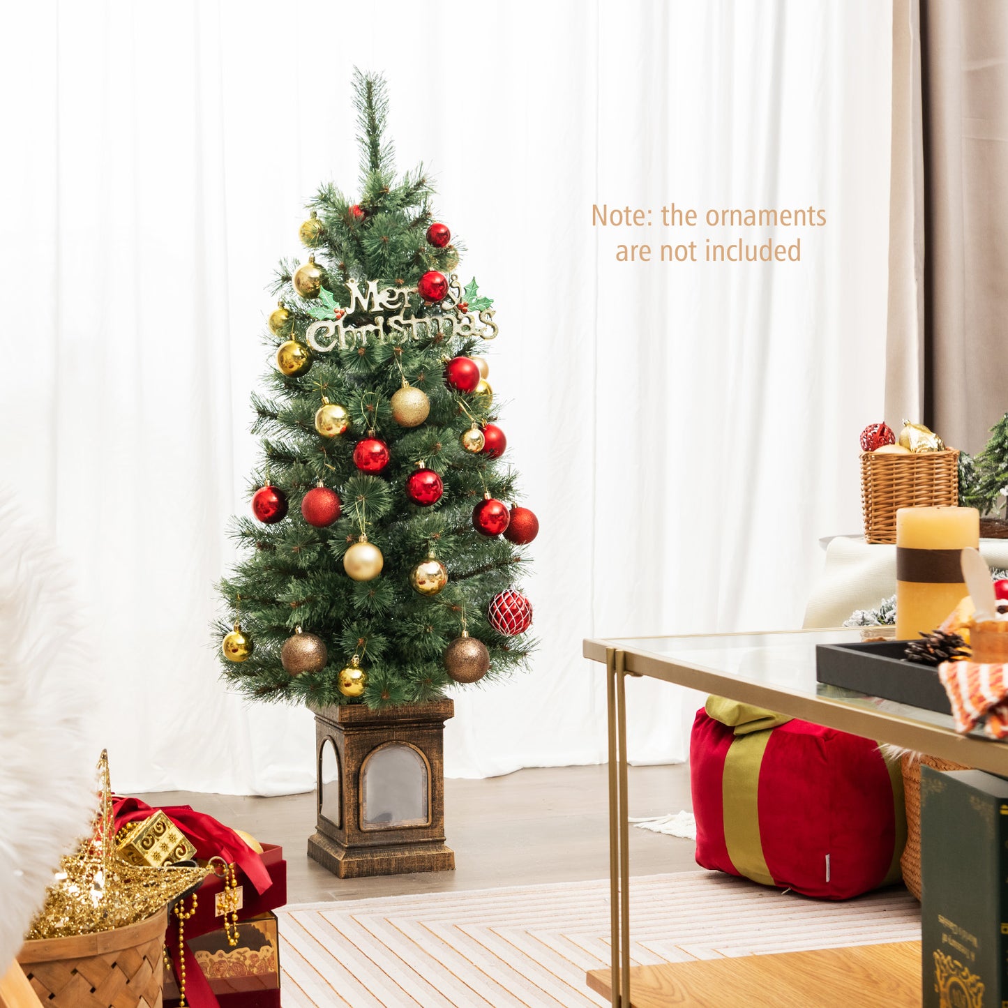 Topbuy 4FT Artificial Potted Christmas Tree Xmas Entrance Tree with 116 Branch Tips Pine Needles 100 LED Lights