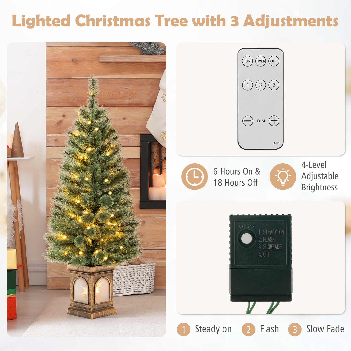 Topbuy 4FT Artificial Potted Christmas Tree Xmas Entrance Tree with 116 Branch Tips Pine Needles 100 LED Lights