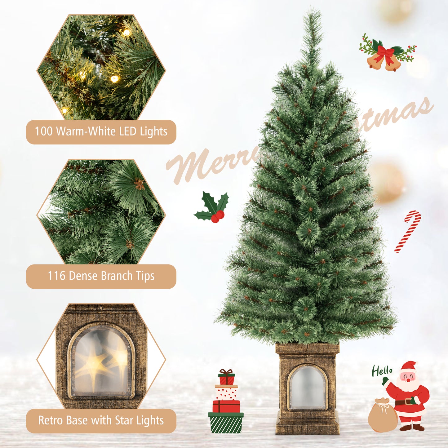 Topbuy 4FT Artificial Potted Christmas Tree Xmas Entrance Tree with 116 Branch Tips Pine Needles 100 LED Lights
