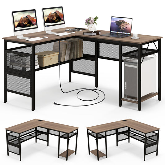 Topbuy L Shaped Desk with Charging Station 55?¡À Reversible Corner Computer Desk with Mesh Storage Shelves CPU Stand 2 Person Gaming Desk