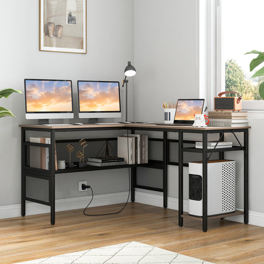 Topbuy L Shaped Desk with Charging Station 55?¡À Reversible Corner Computer Desk with Mesh Storage Shelves CPU Stand 2 Person Gaming Desk