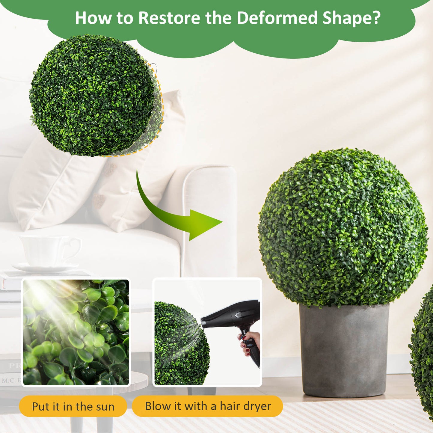 Topbuy 2 PCS Artificial Boxwood Topiary Balls 19'' Faux Plants Decorative Boxwood Balls Sun-Protection Indoor & Outdoor Greenery Decoration