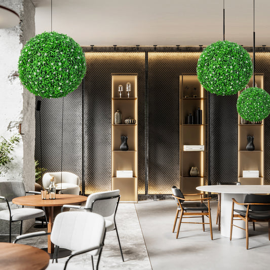 Topbuy 2 PCS Artificial Boxwood Topiary Balls 19.5'' Faux Plants Decorative Boxwood Balls with White Flowers & Holly Leaves