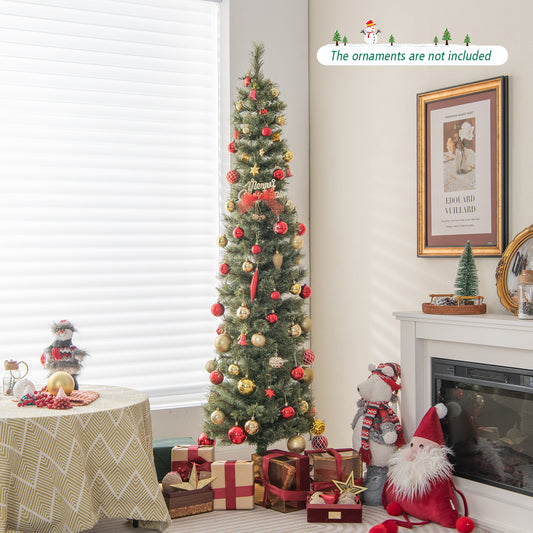 Topbuy 6/7FT Pre-lit Artificial Christmas Tree Pencil Xmas Tree with Pine Needles 235/280 Branch Tips 105/150 Warm White Lights