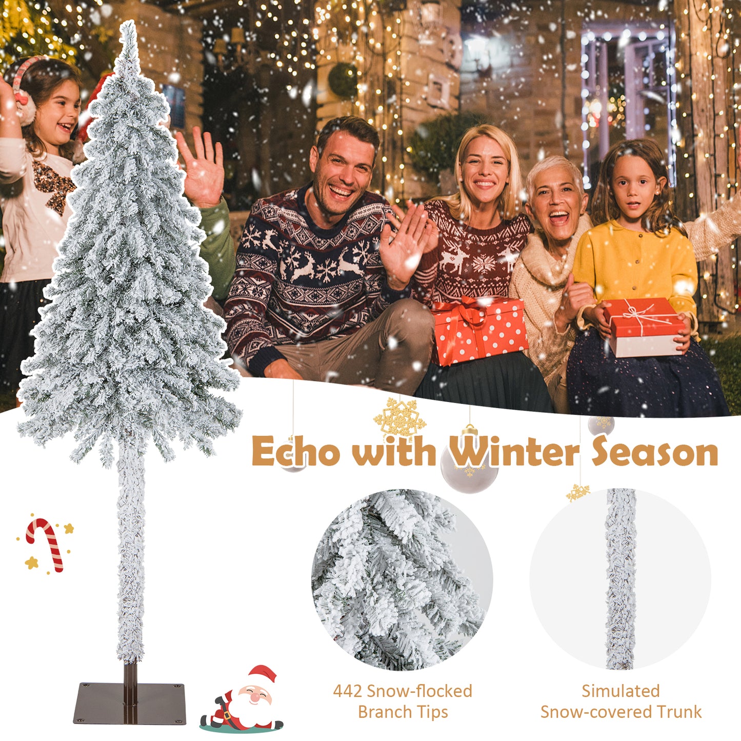 Topbuy 6FT Pre-lit Artificial Christmas Tree Snow-flocked Pencil Xmas Tree with 442 Branch Tips 175 Warm White Lights